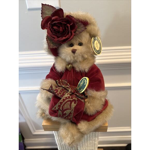 Bearington Collection Limited Plush Bear Red Velvet Dress Rose Bonnet Christmas - Picture 2 of 8
